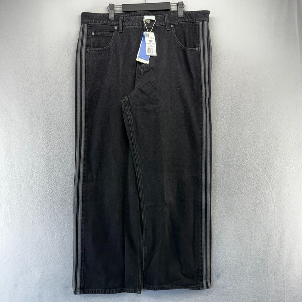 Adidas Firebird Jeans Mens 38 Black Denim Baggy Three Stripe 10" leg Wide NEW